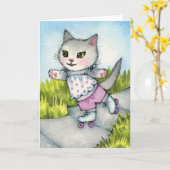 ロールスケート子猫 – かわいい猫アート カード (黄色い花)