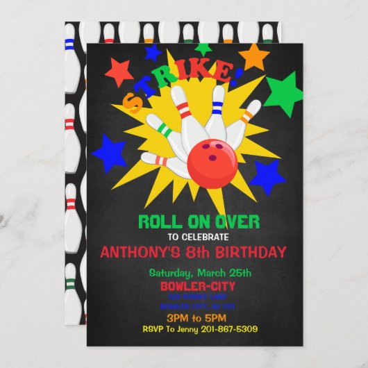 ロール上の… 殴打のボーリングの誕生会 招待状 (正面/裏面)