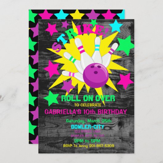ロール上の… 殴打のボーリングの誕生会 招待状 (正面/裏面)