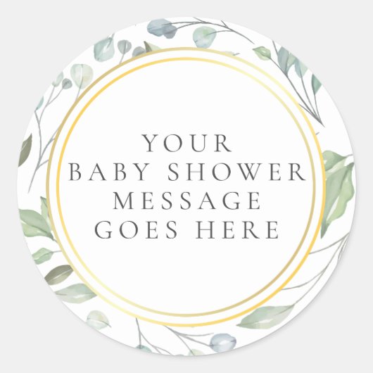ローレルガーランドフェイクゴールドフォイル赤ちゃんシャワーメッセージ ラウンドシール (正面)