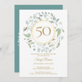 ローレルガーランド金ゴールドモノグラム50誕生日 招待状 (正面/裏面)