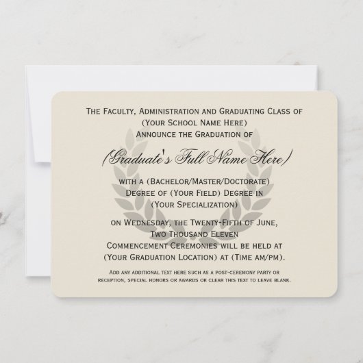 ローレルクレスト伝統的カレッジ卒業 招待状 (裏面)