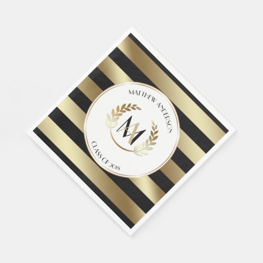 ローレルモノグラムのブラックおよび金ゴールドパーティー スタンダードランチョンナプキン (角)