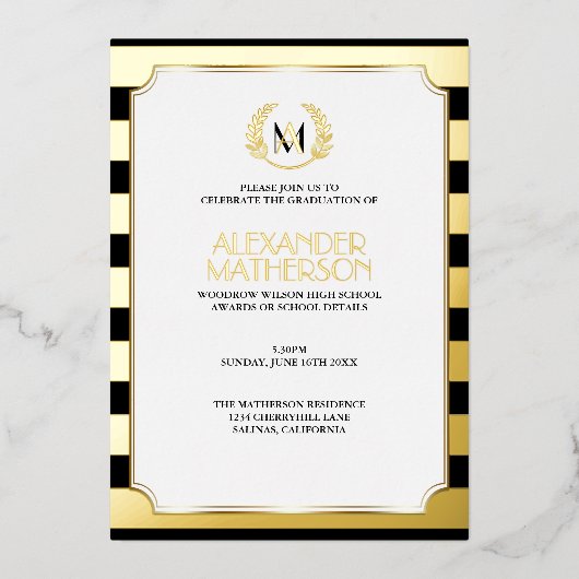 ローレルモノグラムのブラックとフォイルの卒業箔 箔招待状 (正面)