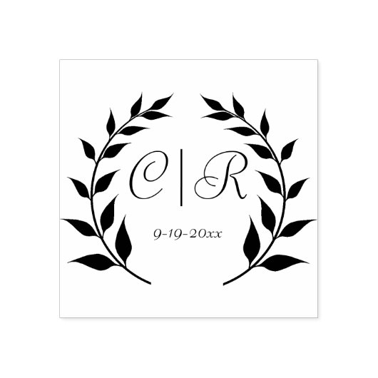 ローレルリースとモノグラム結婚とその日付 ラバースタンプ (インプリント)