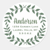 ローレルリースグリーン&ホワイト差出人住所ラベル ラウンドシール (正面)