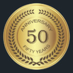 ローレルリースシール付き50周年記念 ラウンドシール<br><div class="desc">レトロ黄金効果50th (s結婚またはcompany)ローレルリースステッカー付き記念日</div>