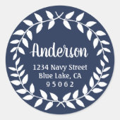 ローレルリースネイビーブルー差出人住所ラベル ラウンドシール (正面)