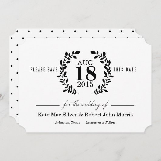 ローレルリースブラック&ホワイト非写真日付の保存 セーブザデート (正面/裏面)