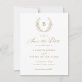 ローレルリースモノグラムクレスト結婚式の日付を保存 招待状 (正面)