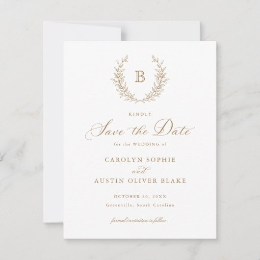 ローレルリースモノグラムクレスト結婚式の日付を保存 招待状 (正面)