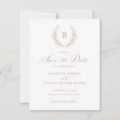 ローレルリースモノグラムクレスト結婚式の日付を保存 招待状 (正面)