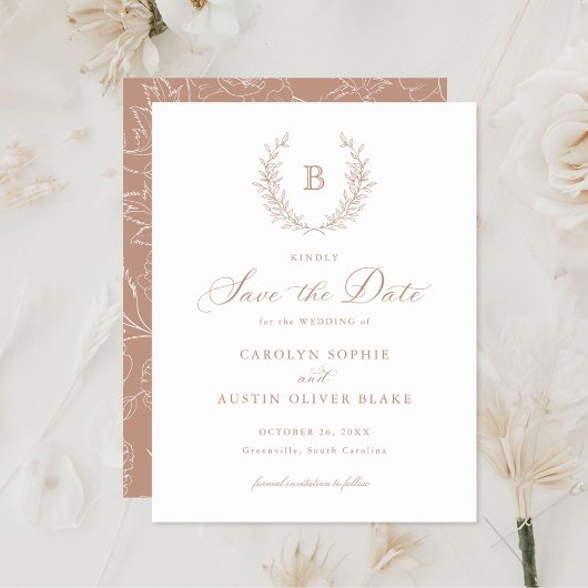 ローレルリースモノグラムクレスト結婚式の日付を保存 招待状