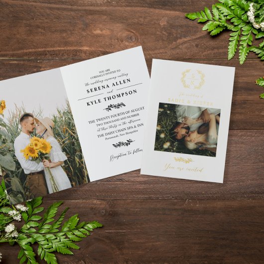 ローレルリースモノグラムタイポグラフィQRコード結婚ズ 箔グリーティングカード