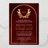 ローレルリース離れズブルゴーニュ結婚レッド金ゴールド 箔招待状 (正面)