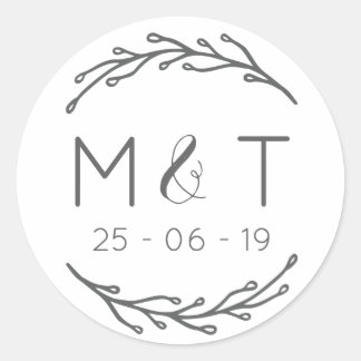 ローレルリーフイニシャルと日付結婚式用シール ラウンドシール