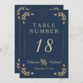 ローレルリーフタイポグラフィネイビーブルー金ゴールドテーブル番号 招待状 (正面/裏面)