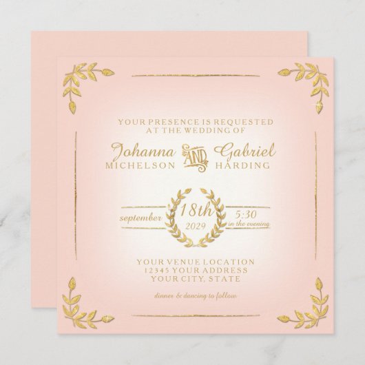 ローレルリーフピンク金ゴールドモダンタイポグラフィ結婚ズ 招待状 (正面/裏面)