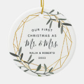 ローレルリーフファースト結婚したクリスマス セラミックオーナメント (正面)