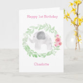 ローレル水彩灰色象1歳の誕生日 カード (黄色い花)