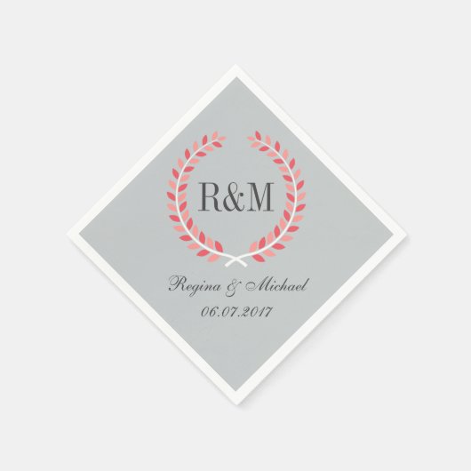 ローレル素朴リースズ結婚モノグラムナプキンピンク スタンダードカクテルナプキン (角)