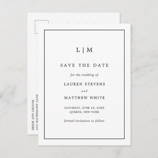 ローレンブラック&ホワイトモノグラムエレガントな結婚式 案内ポストカード (正面/裏面)
