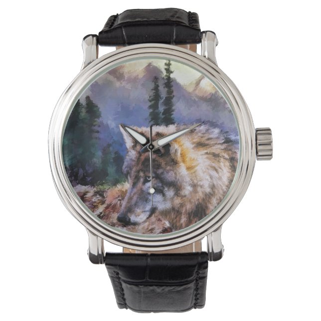 ローンウルフ自然メンズブラックヴィンテージレザーウォッチ 腕時計 (正面)