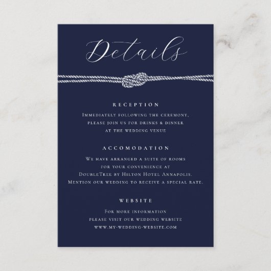 ロー航海のプネイビーブルーエレガント詳細結婚ズ エンクロージャーカード (正面)