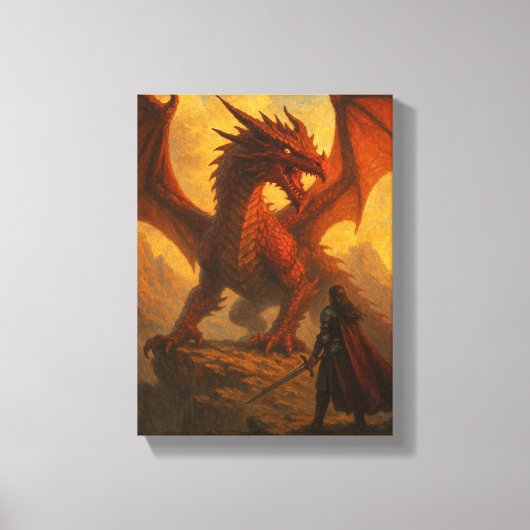 ワイアリー・マウンテン・クリフでレッド・ドラゴンに直面する騎士 キャンバスプリント (正面)