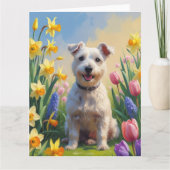 ワイアーフォックステリア犬の春の花の絵 カード (正面)
