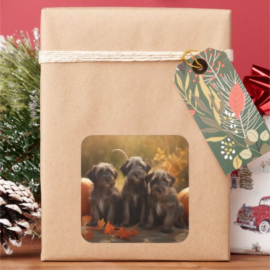 ワイアーヘアード・ポインティング・グリフォン 秋の仔犬 スクエアシール (クリスマス)