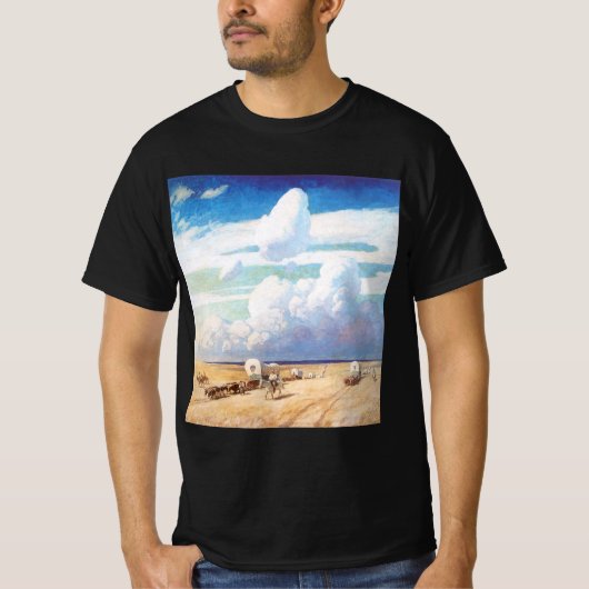 ワイエスの描く西部劇のカウボーイと幌馬車 Tシャツ (正面)