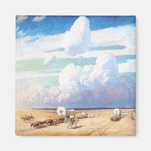 ワイエスの西部劇、ワゴンと騎馬の絵 マグネット (正面)