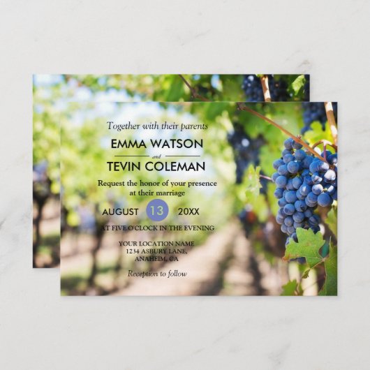ワイエレガントンとブドウ園のつる植物の結婚カード 招待状 (正面/裏面)
