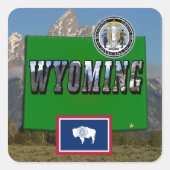 ワイオミング写真と文字、地図、国旗と州シール スクエアシール (正面)