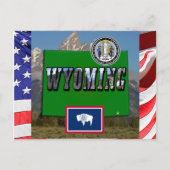 ワイオミング写真と文字、地図、国旗と州シール ポストカード (正面)