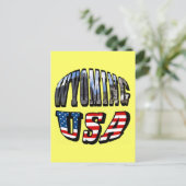 ワイオミング州の写真とアメリカ国旗のテキスト ポストカード (スタンド正面)