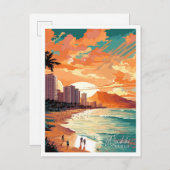 ワイキキハワイアアートヴィンテージトラベルイラストレーション ポストカード (正面/裏面)