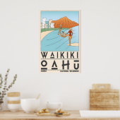 ワイキキビーチプリントサーフ＆海岸風景 ポスター (キッチン)
