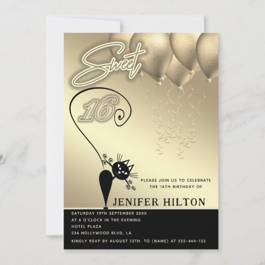 ワイクールムネコ黒金ゴールドバルーン甘い16 招待状 (正面)