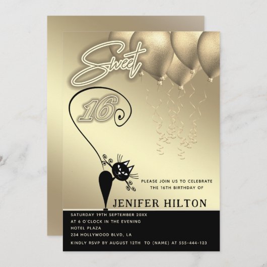 ワイクールムネコ黒金ゴールドバルーン甘い16 招待状 (正面/裏面)