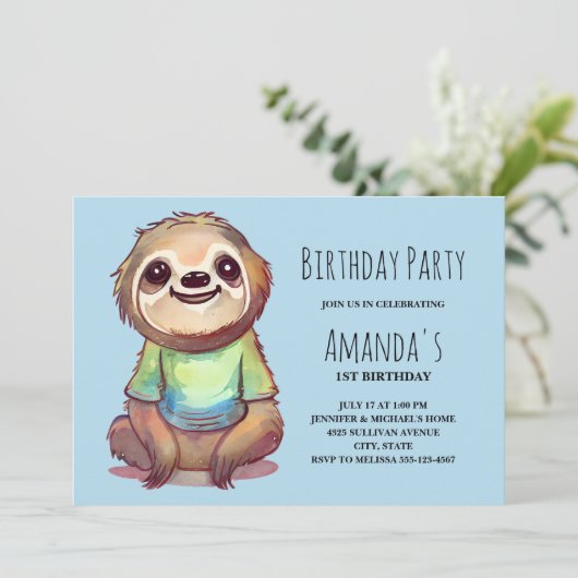 ワイシャツを着たかわいいナマケモノ誕生日 招待状 (スタンド正面)