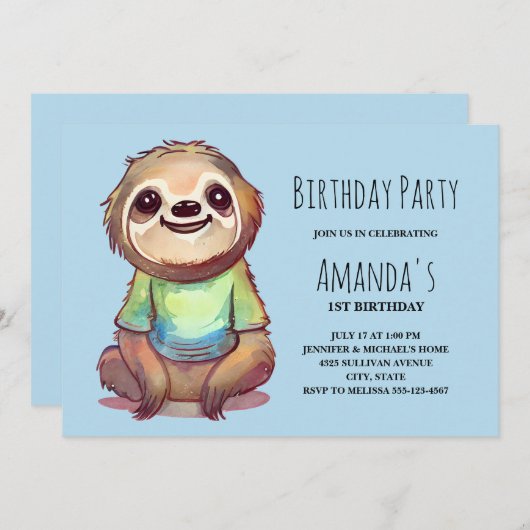 ワイシャツを着たかわいいナマケモノ誕生日 招待状 (正面/裏面)