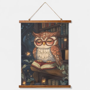 ワイズフクロウの真夜中の図書館 吊り下げ型タペストリー