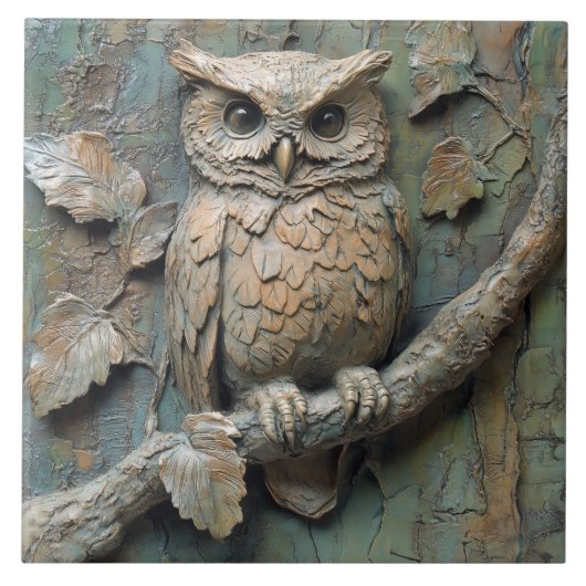 ワイズフクロウオンブランチワイルドライフフェイクレリーフ、 浮き彫り タイル (正面)