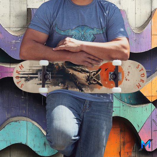 ワイズフクロウ燃える月の下で、レトロ荒野 スケートボード