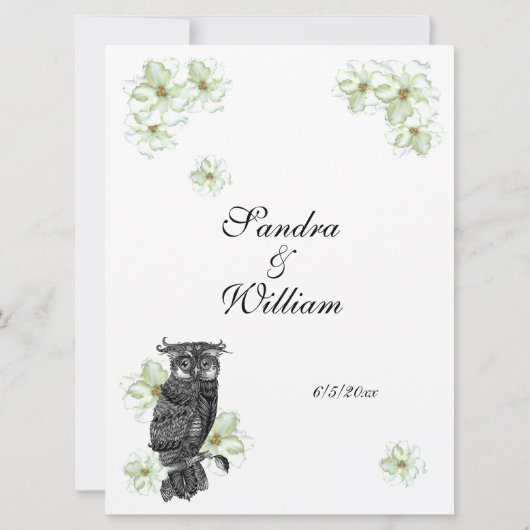 ワイズフクロウ緑の花結婚式招待状 招待状 (裏面)