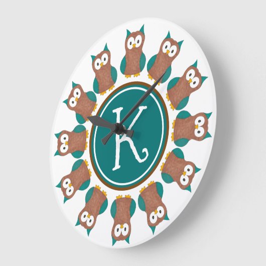 ワイズブラウンブルーフクロウバードベッドルームイニシャル ラージ壁時計 (傾斜)