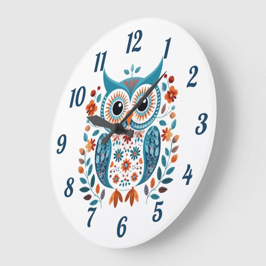 ワイズブルーフクロウスカンジナビアフォークアート ラージ壁時計 (傾斜)