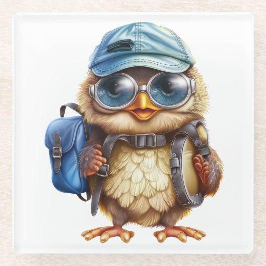 ワイズリトルトラベラー – バックパック付きキッドフクロウ ガラスコースター (正面)